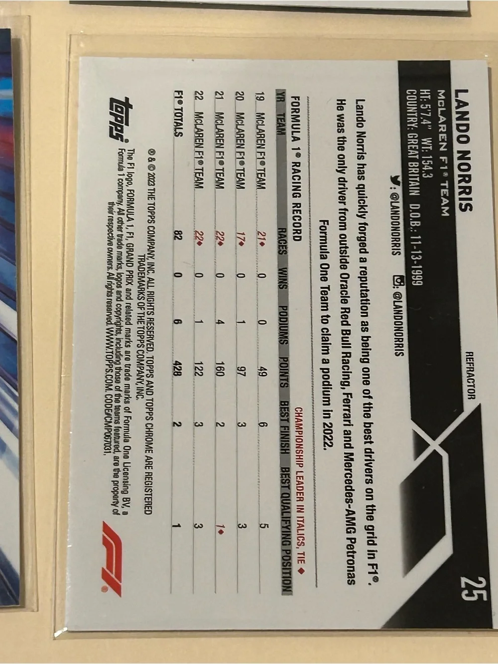 Topps F1 Trading Cards - Lando Norris Oscar Piastri